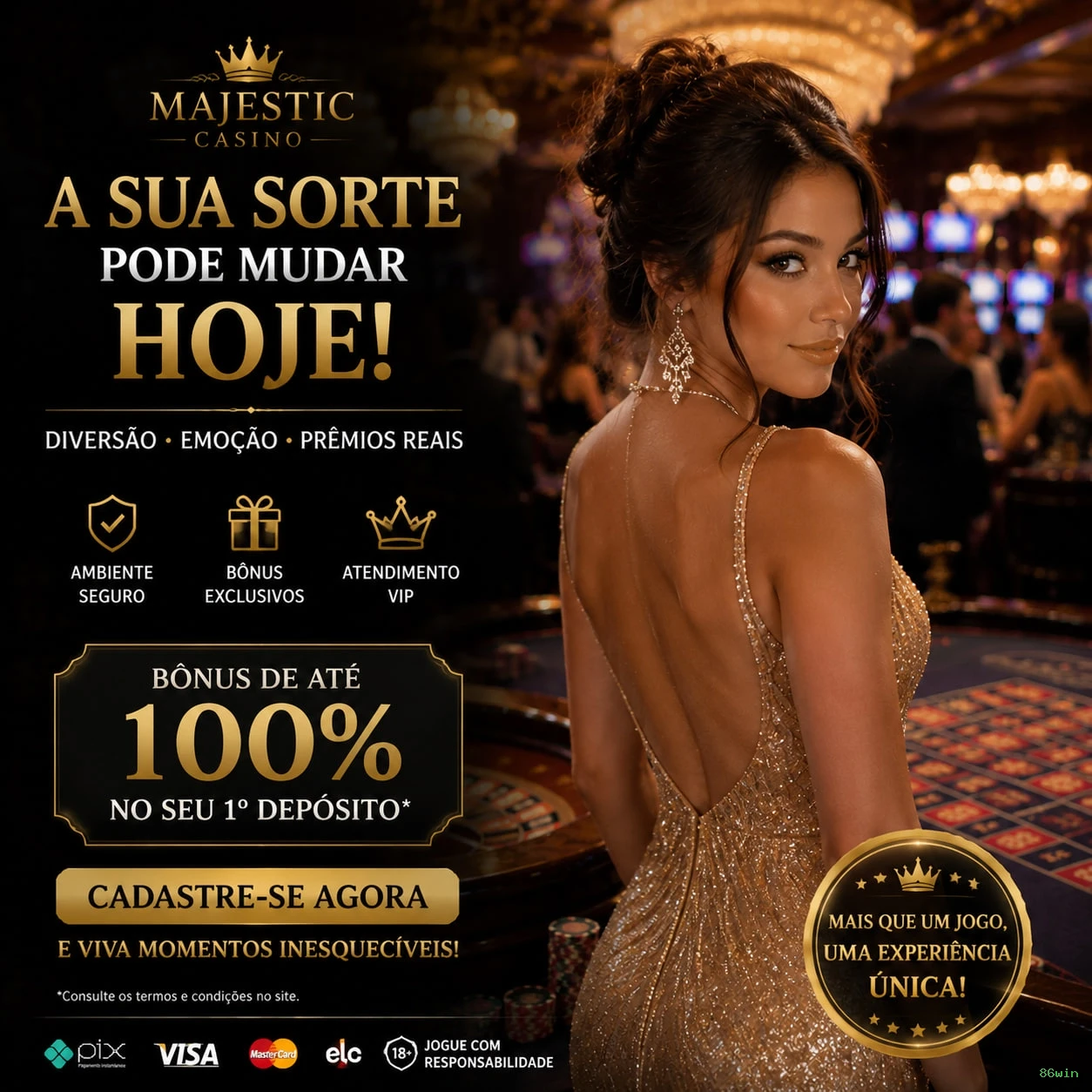 Imagem promocional da 86win mostrando a plataforma e suas vantagens